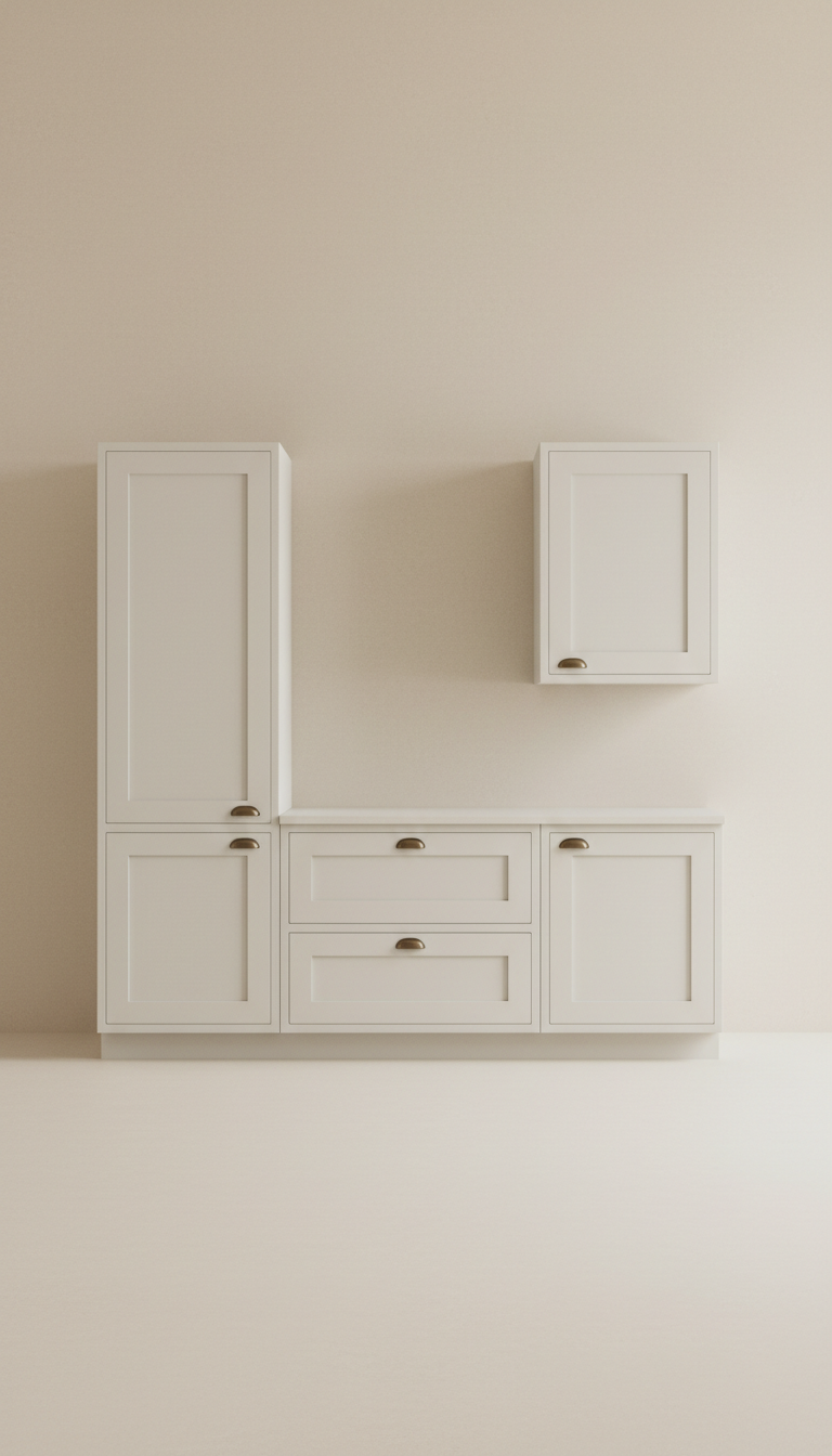 Alabaster kitchen cabinet set with push-to-open doors