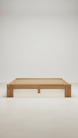 Oak platform bed with integrated slats